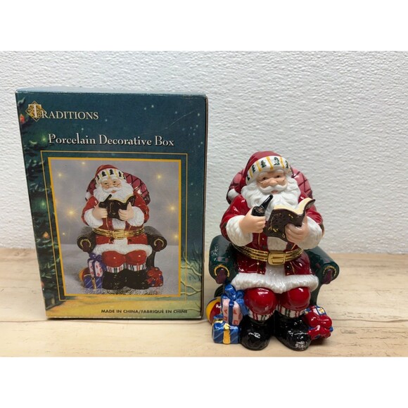 Traditions Hand Painted Porcelain Decorative Trinket Box Santa Claus - Picture 2 of 16